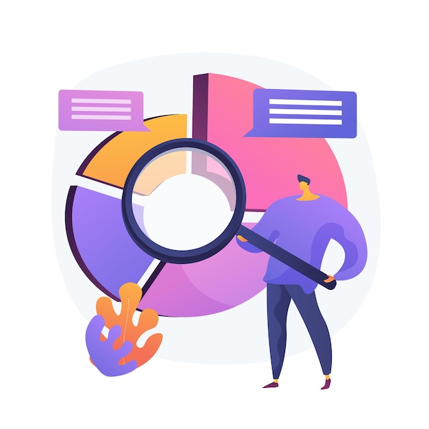 Statistical analysis. Man cartoon character with magnifying glass analyzing data. Circular diagram with colorful segments. Statistics, audit, research.