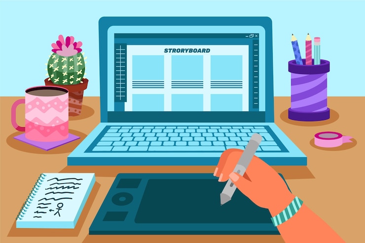 Gratis Vektor storyboard concept with laptop