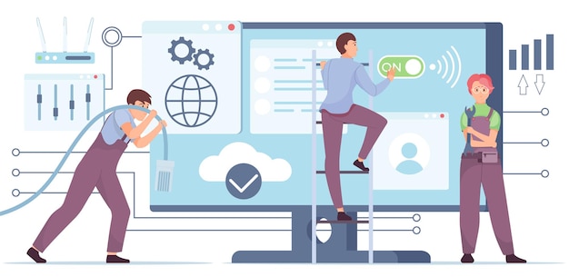 technicians setting up internet flat composition with computer monitor and router vector illustration