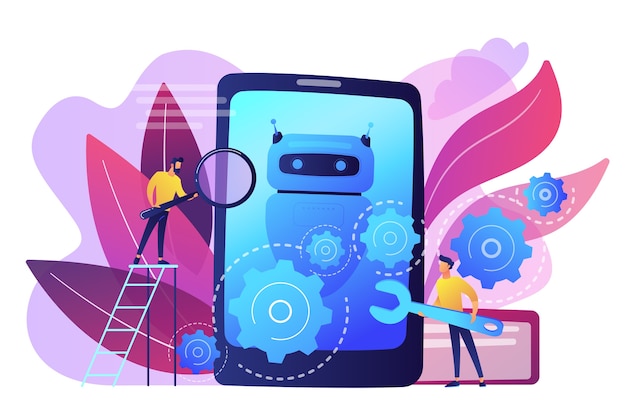 Teknikere med skruenøgle arbejder på chatbot applikationsudvikling. Chatbot app udvikling, bot udviklingsramme, chatbot programmeringskoncept. Klar levende violet isoleret illustration