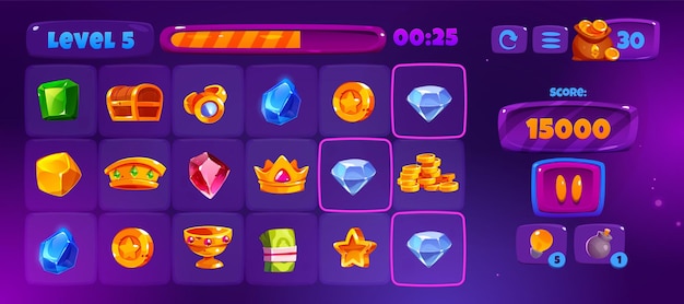 Three in line game ui template Vector cartoon illustration of gui design with level time and progress bar score menu pause play again buttons set of retro treasure icons on purple background