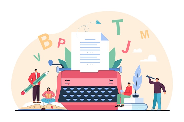 Gratis Vektor tiny creative people writing poems on typewriter. persons reading antique books, feather in ink bottle flat vector illustration. literature, poetry concept for banner, website design or landing page