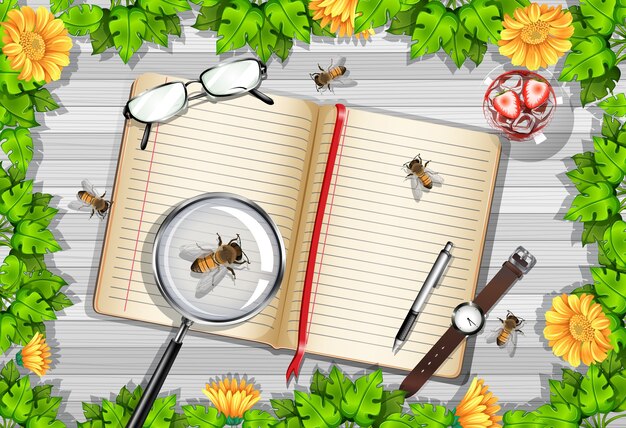 top view of wooden table with office objects and leaves and insects element