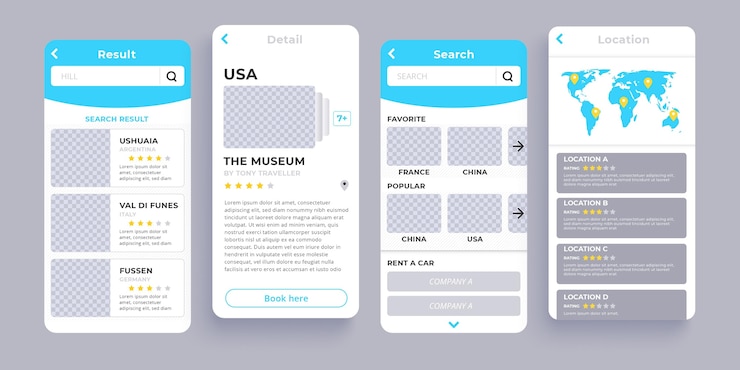 Gratis Vektor travel booking app screens collection