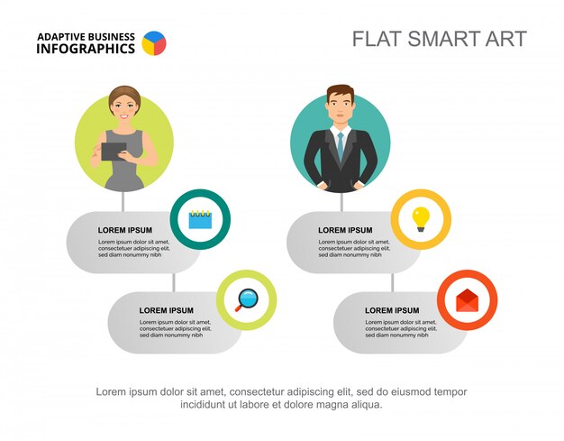 Two partners process chart template for presentation. Business data. 
