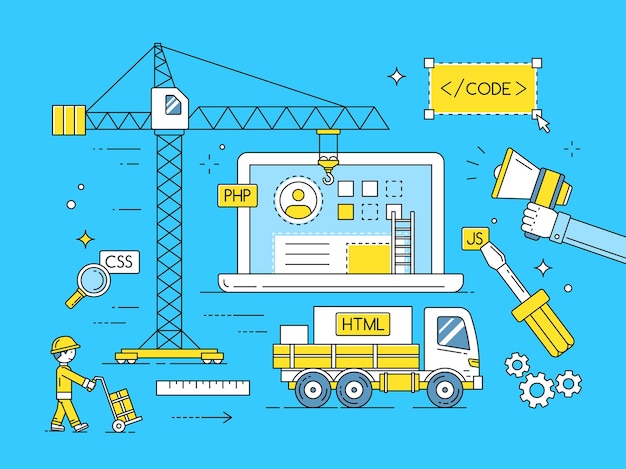 Udviklingsproces for web app. Internet mobil udviklings app, computer app interface udvikling. illustration