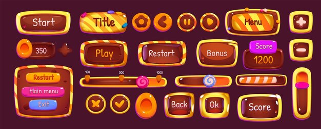 Ui game candy interface square cartoon icon button Glossy app play arrow panel and slider icons element in pink yellow and chocolate color Gui menu mobile user item for start and score badge