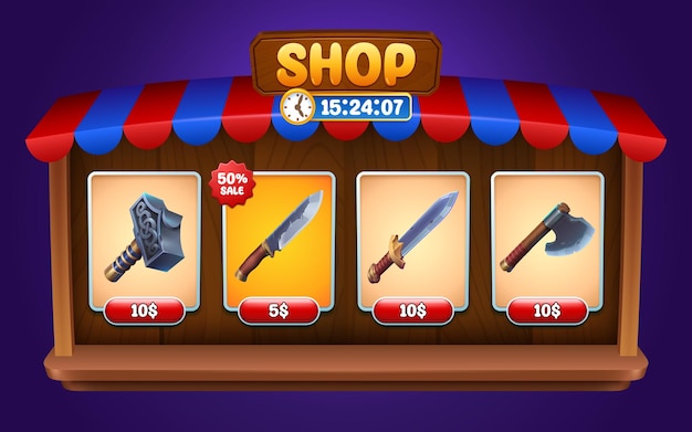 Ui game store frame with weapon icon and button