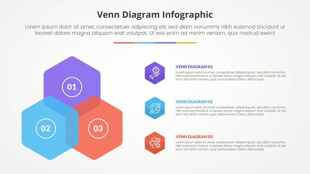 venn diagram infographic concept for slide presentation with hexagon pyramid triangle structure with 4 point list with flat style