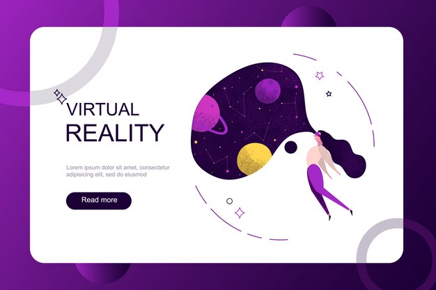 Virtual augmented reality holidays on weekend concept. Girl woman wearing virtual reality glasses seeing space galaxy universe planet.