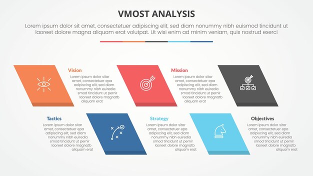vmost analysis template infographic concept for slide presentation with skew rectangle with 5 point list with flat style vector
