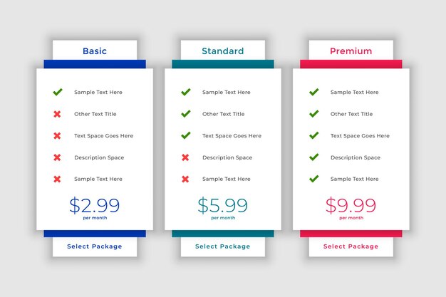 web modern pricing comparison table template