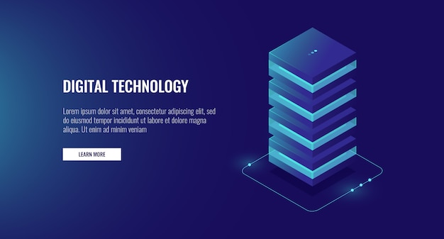 Webhosting ikon, data behandling enhed isometrisk, database serverrum