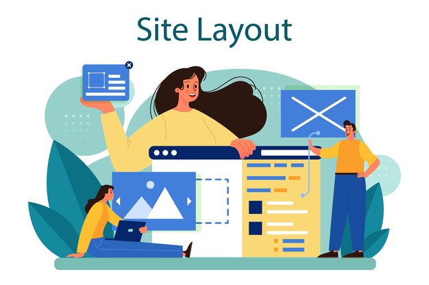 Website layout concept Web development mobile app design and optimization People building user interface template Computer technology Flat vector illustration