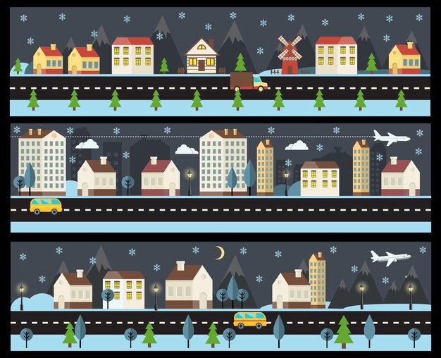 winter cityscape in flat style. set the night streets in winter.