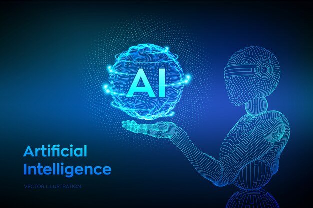 Wireframe-robot. AI. Kunstig intelligens i robothånd. Maskinel indlæring og koncept for cyber-mindkontrol.