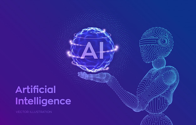 Wireframe-robot. AI. Kunstig intelligens i robothånd. Maskinel indlæring og koncept for cyber-mindkontrol.
