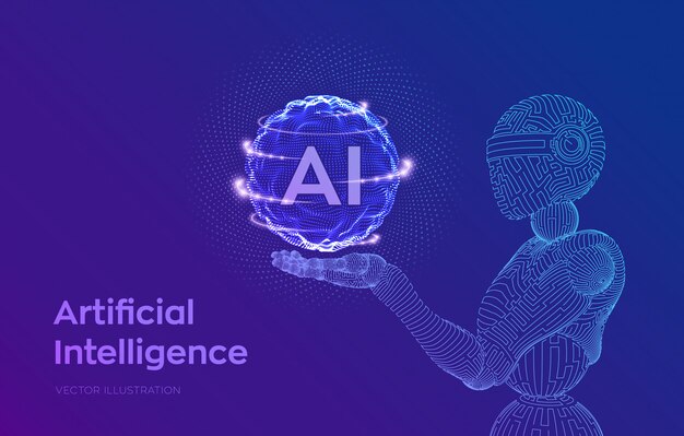 Wireframe-robot. AI. Kunstig intelligens i robothånd. Maskinel indlæring og koncept for cyber-mindkontrol.