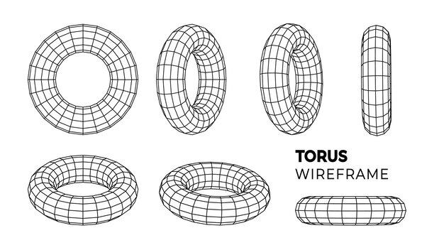 Wireframe torus set 3d geometric forms Outline isolated model Vector isometric shapes