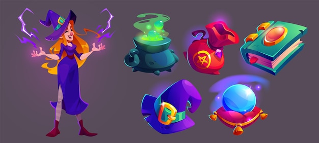 witch and halloween accessories set on black
