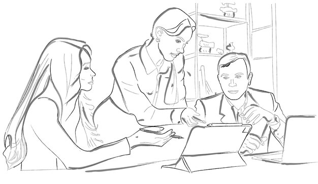 Woman boss working in the office with her team Vector line arts