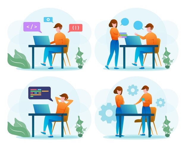 Young man IT programmer behind a laptop and a computer writes a code