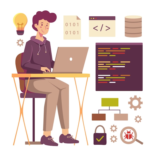 Young programmer working on laptop computer in cartoon character