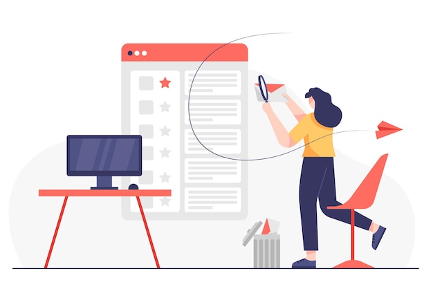 young working woman use magnifying glass and envelope likes searching and use application on computer to sending email in cartoon character, flat vector illustration