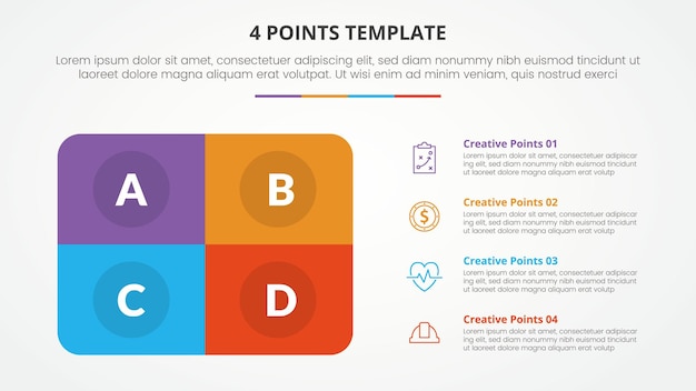 4 points stage template infographic concept for slide presentation with round box rectangle 4 point list with flat style vector