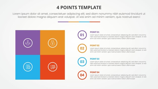 4 points stage template infographic concept for slide presentation with square box matrix with circle outline stack with 4 point list with flat style vector