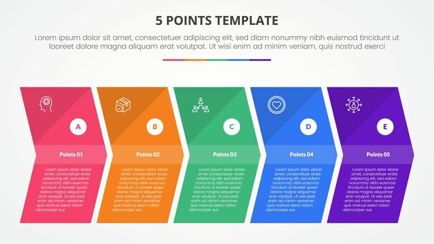 5 points stage template infographic concept for slide presentation with arrow shape right direction with 5 point list with flat style