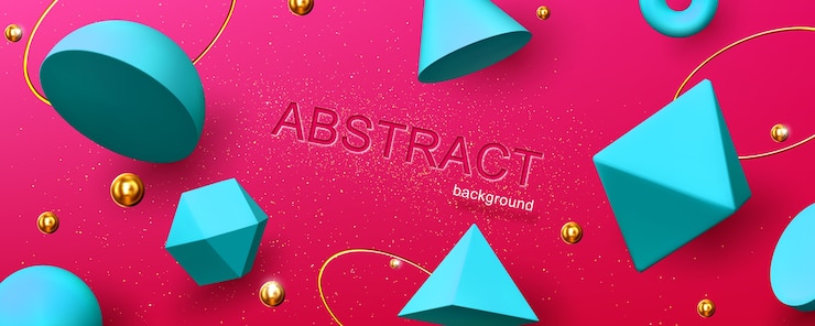 Gratis Vektor abstrakt bakgrunn eller banner med geometriske 3d-former halvkule, oktaeder, sfære eller torus, kjegle og pyramide på rød bakgrunn med gyldne perler og ringer, kreativ design, illustrasjon