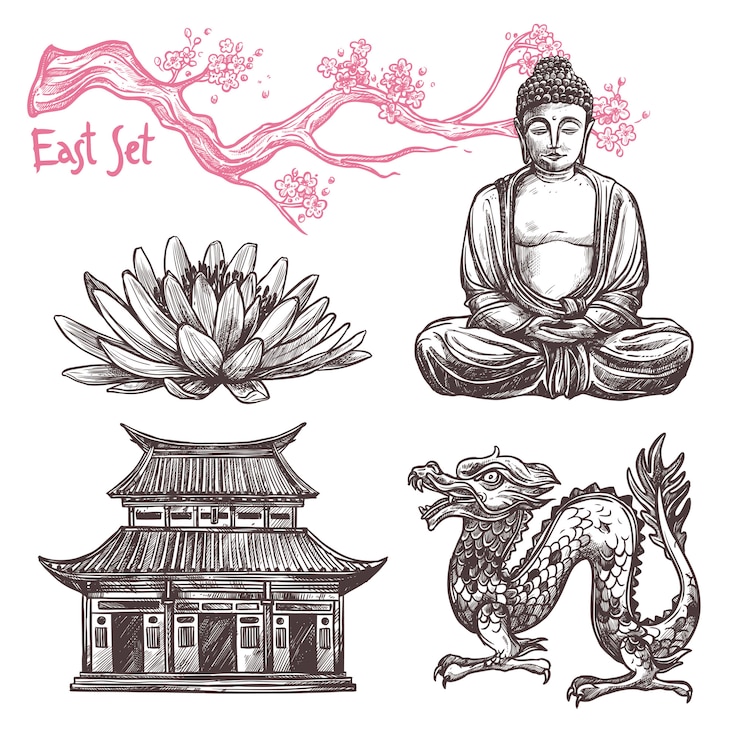 Gratis Vektor asian sketch set