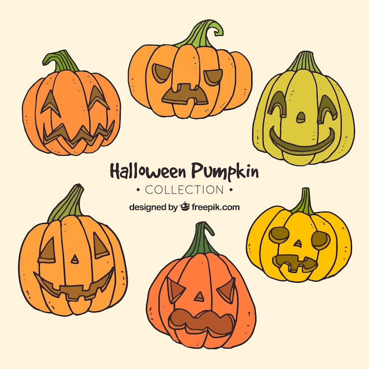 Gratis Vektor assortment of hand drawn halloween pumpkins