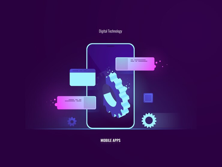 Awesome mobile software application development concept, mobile phone with big gear 