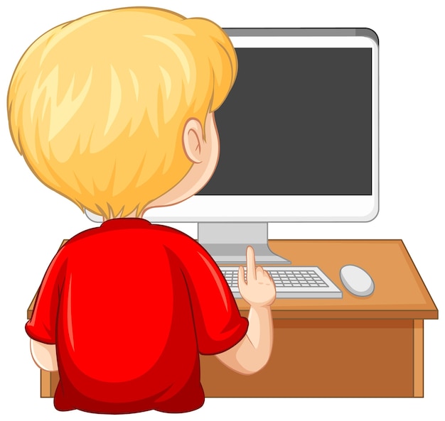 Back view of a boy with computer on the table on white background