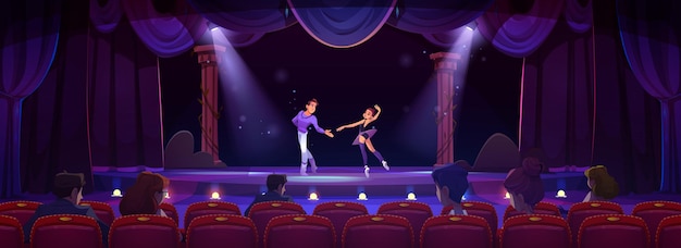 Ballet dancer show on stage with curtain background Woman and man couple on broadway theater scene with audience Spotlight at night theatrical and dramatic event on podium Theatre hall interior