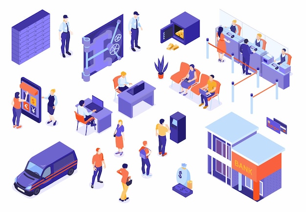 bank service isometric icons set of safe deposit armored truck payment terminal employees and customers vector isolated illustration