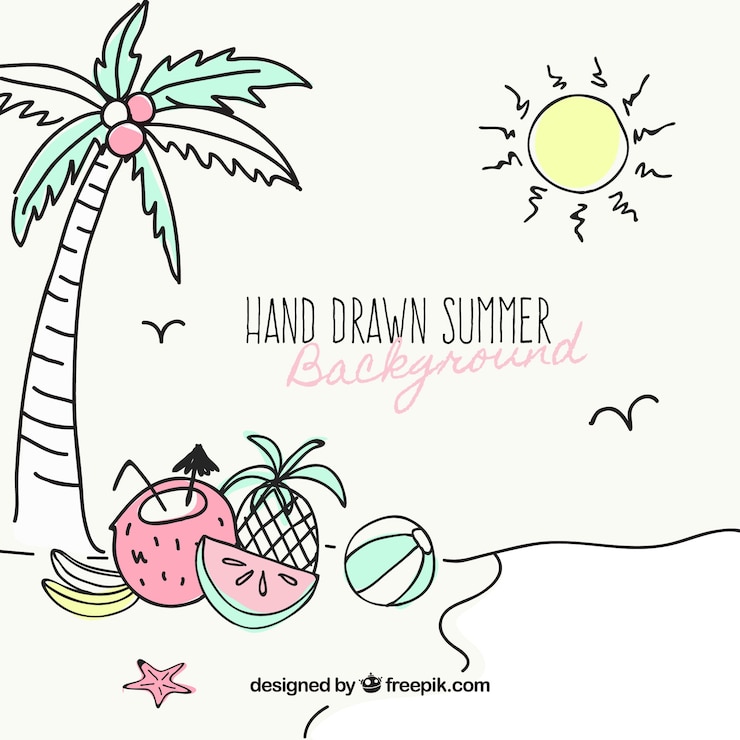 Gratis Vektor beach background with hand-drawn summer items