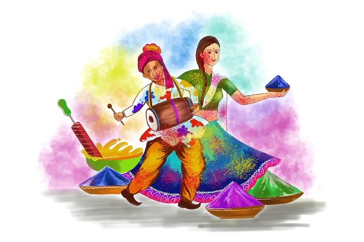 Gratis Vektor beautiful couple playing festival of colors happy holi colorful background