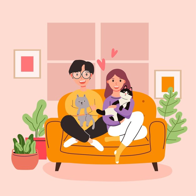 big isolated cartoon   of young girl and boy in love, couple sharing and caring love with kitten,  3d illustration