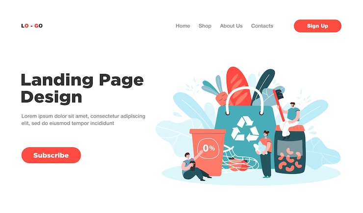 Gratis Vektor big sustainable shopping bag and tiny people protecting environment, thinking of future landing page