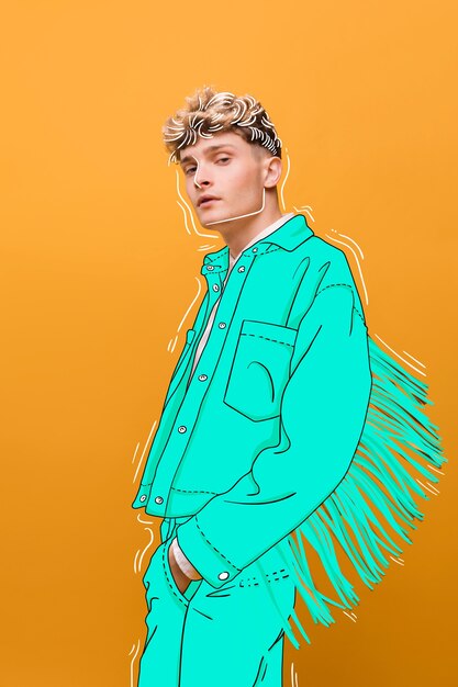 Blond motemodell med blått antrekk