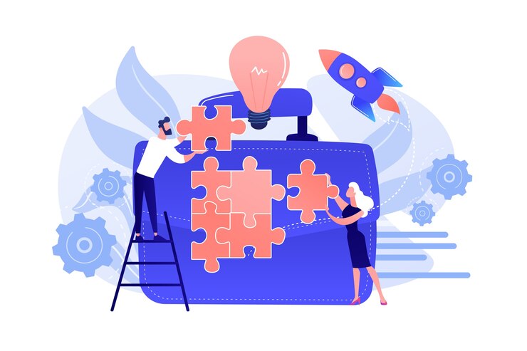 Gratis Vektor business people joining puzzle pieces and huge briefcase with bulb. business meeting and partnership, make a deal concept on white background.