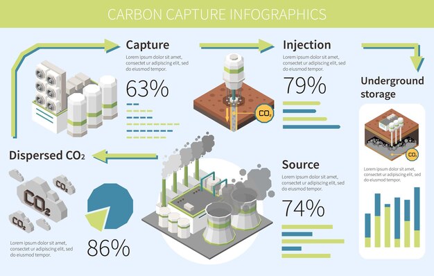 carbon capture storage sequestration technology infographics with diagram of capturing injection and storage procedures with text vector illustration