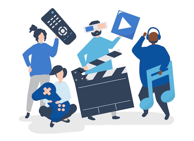 Gratis Vektor characters of people holding multimedia icons illustration