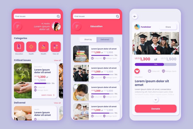Gratis Vektor charity app interface template