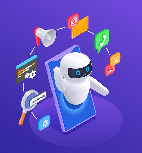 chatbot messenger concept with options and functions symbols isometric illustration