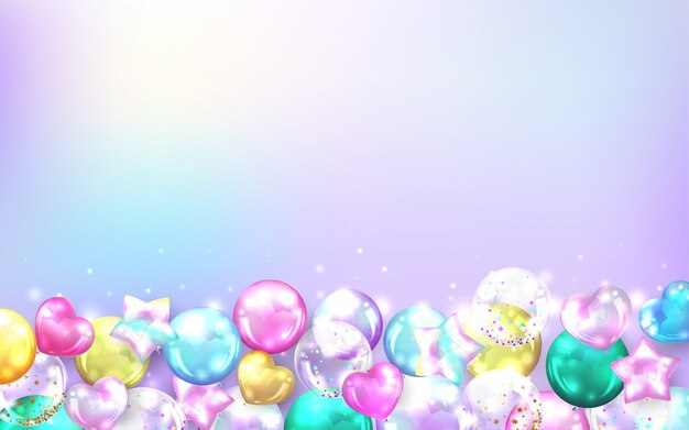 colorful balloons frame on pastel background for birthday and celebration card.