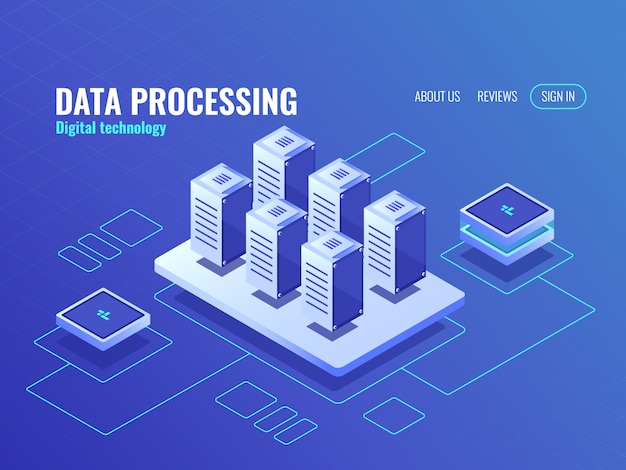 concept of big data storage and backup isometric icon, server room database and data center